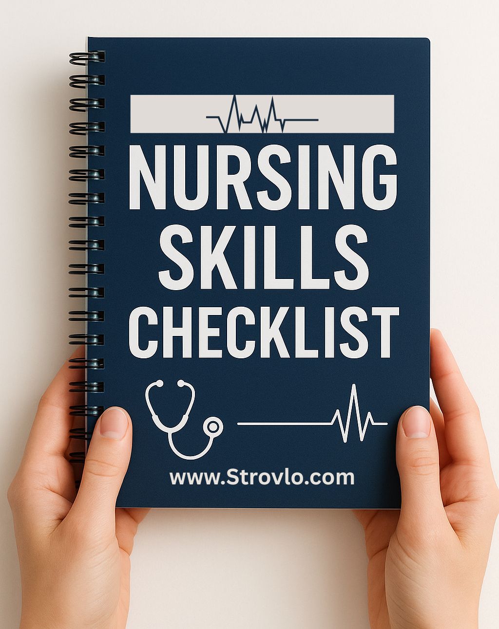 Nursing skills checklist book held by hands with a light background