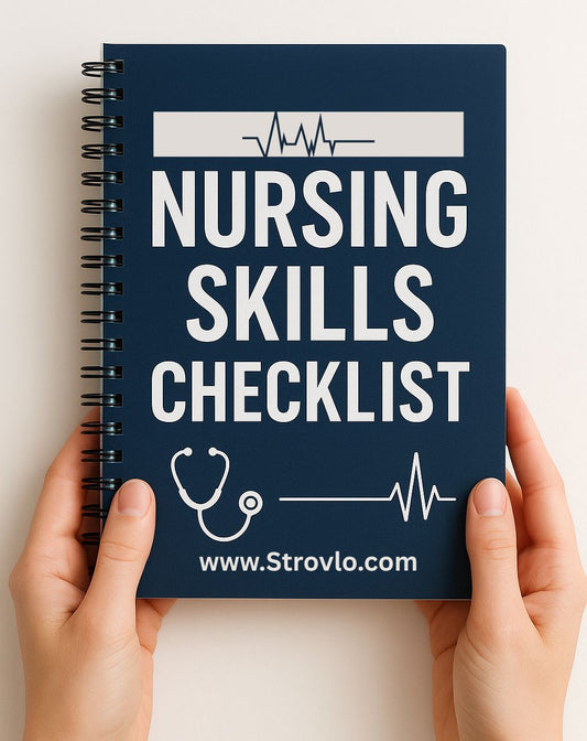 Nursing skills checklist book held by hands with a light background